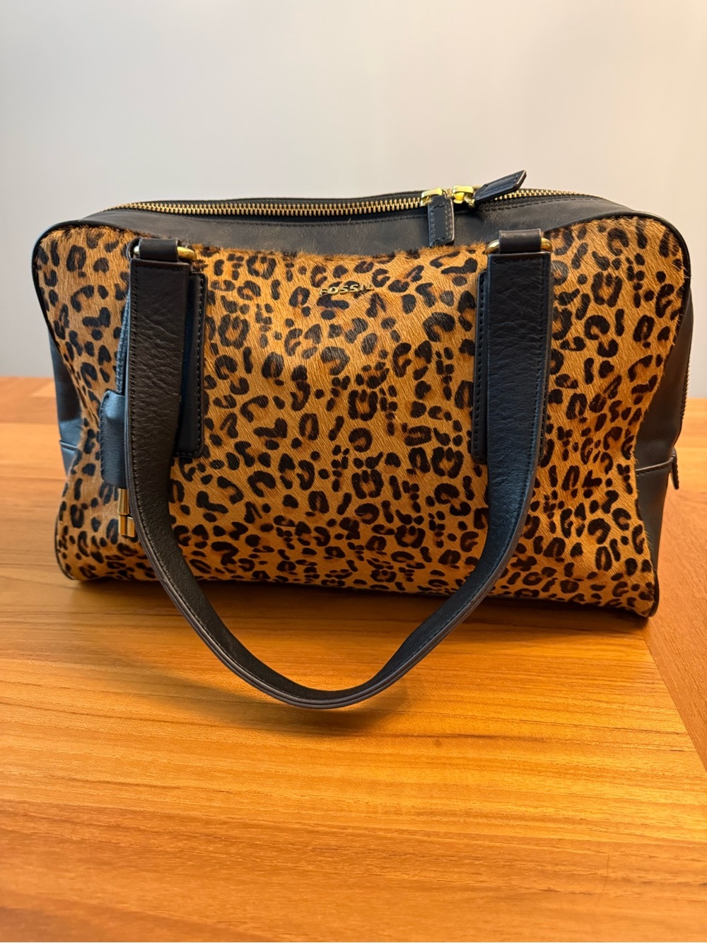 Fossil Leopard Print Hair-calf Satchel with Black Trim and Gold Hardware